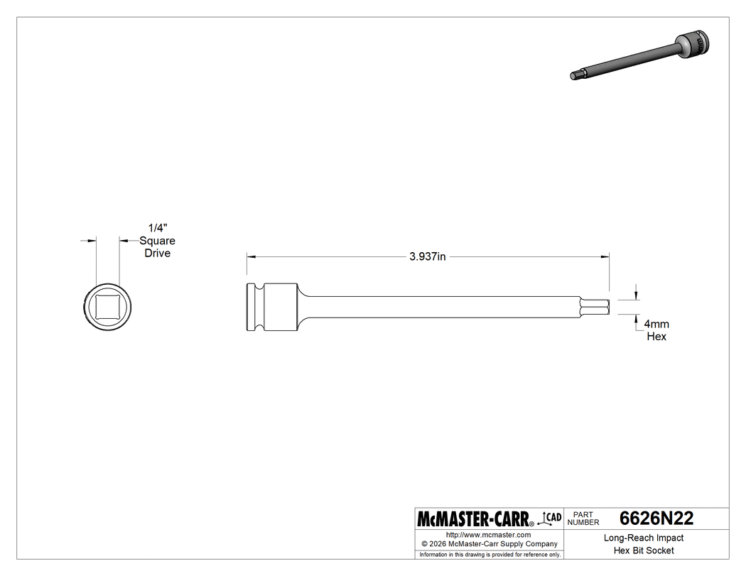 Technical Drawing of Long-Reach Impact Hex Bit Socket, 1/4" Square Drive, 4 mm Drive Size, 4" Overall Length.